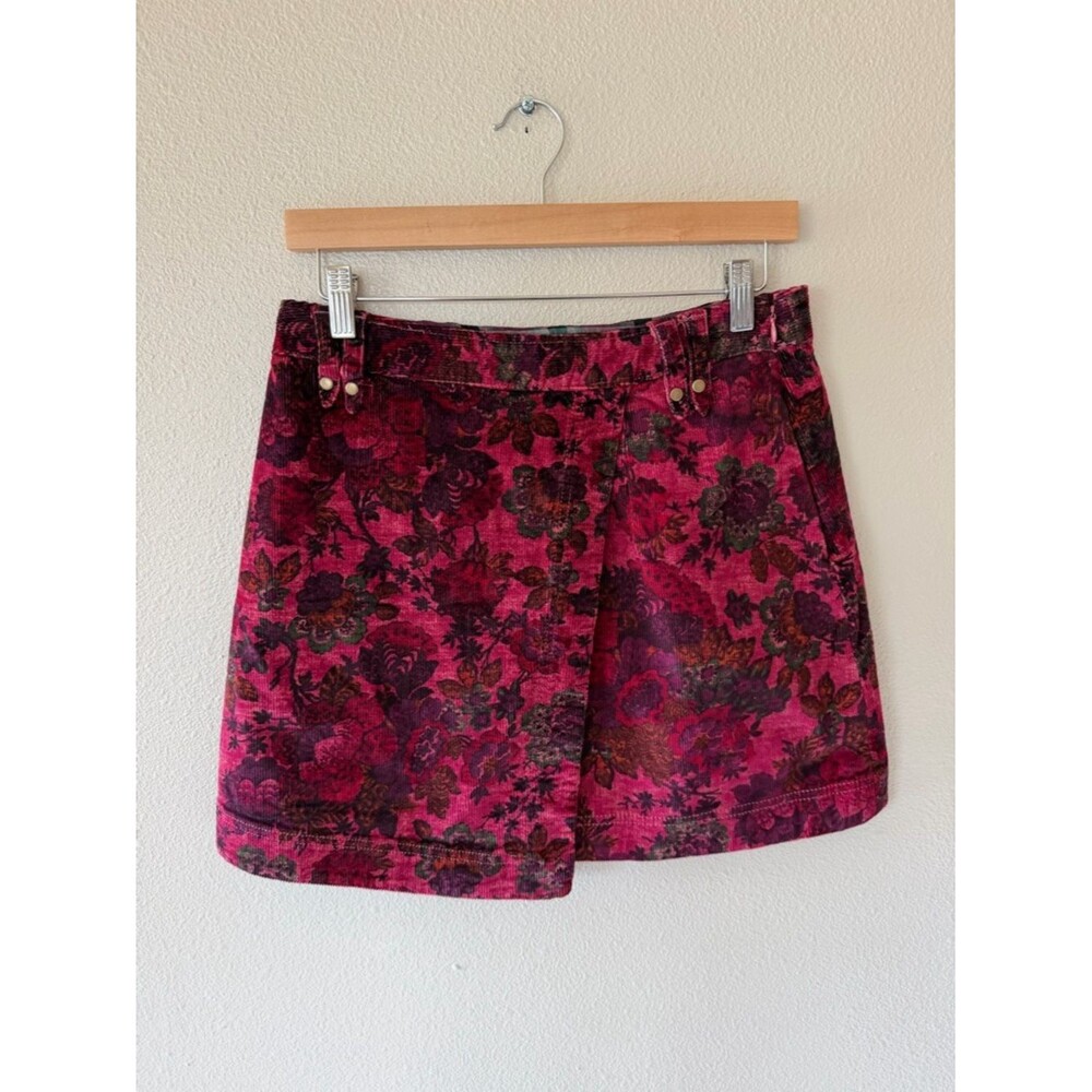 Anthropologie Pilcro Floral Cord Corduroy Mini Skirt Faux Wrap Berry Mix Size 8